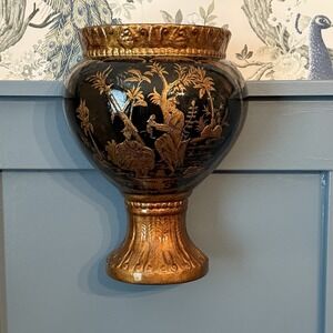 Chinoiserie Wall Vase Ceramic Wall Pocket‎ 11" Vintage Black Lacquer Gold Bombay